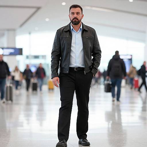 Photograph of a bearded man with dark hair, wearing a black leather jacket, white shirt, and black pants, standing in a brightly lit,