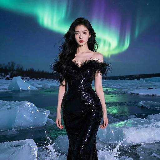 Woman in Black Dress Under Northern Lights