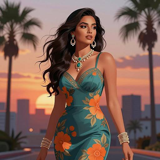 Elegant Woman in Vibrant Sunset Cityscape