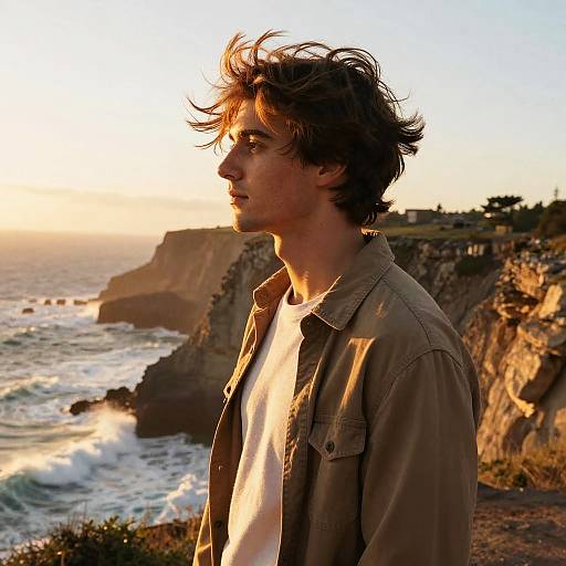 Photograph of a young man with tousled brown hair, wearing a beige jacket over a white shirt, standing by a sunlit coastal cliff at sunset