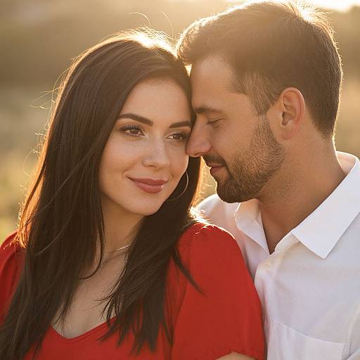 Photograph of a smiling couple with the woman in a red top and the man in a white shirt, leaning close in a sunlit outdoor setting.