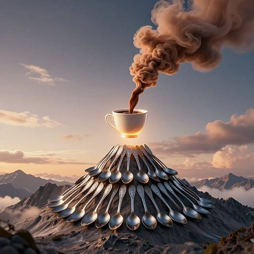 Photorealistic digital art: A mountain topped with a white cup emitting brown smoke, surrounded by silver spoon 
