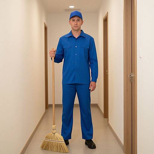 Photograph of a serious male cleaner in blue uniform and cap, standing in a white-walled hallway, holding a broom.