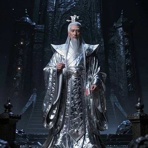 Photograph of an elderly, white-bearded king in a silver, metallic robe with intricate patterns, standing in a dark, gothic cathedral.
