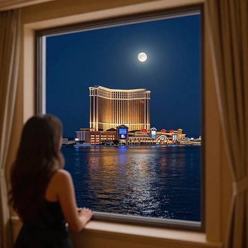 Photograph of a woman with long black hair in a sleeveless black dress, gazing at the illuminated Bellagio hotel and fountain show, seen