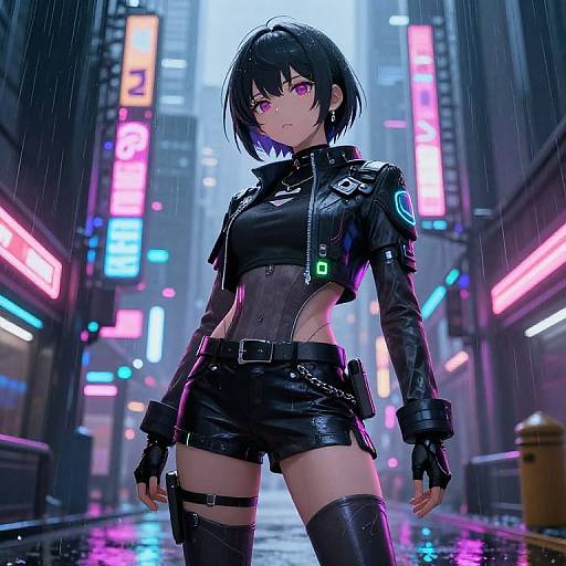 Cyberpunk anime girl with black bob, purple eyes, leather jacket, shorts, and thigh straps, stands in a neon-lit, rainy city