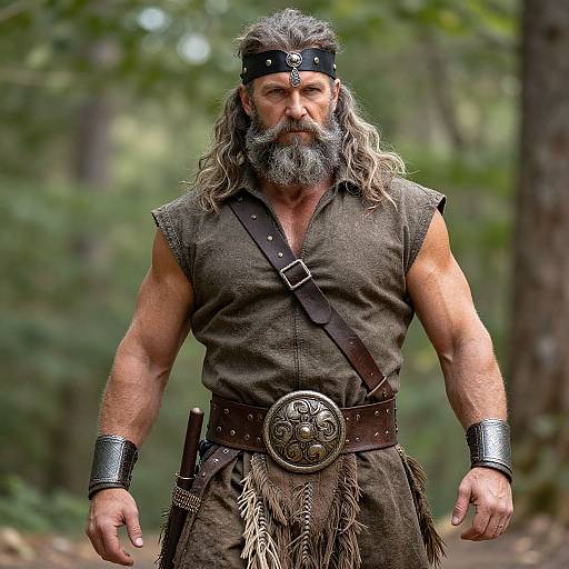 Photograph of a muscular, bearded man with long gray hair, wearing a black headband, brown sleeveless shirt, leather belt, and wrist