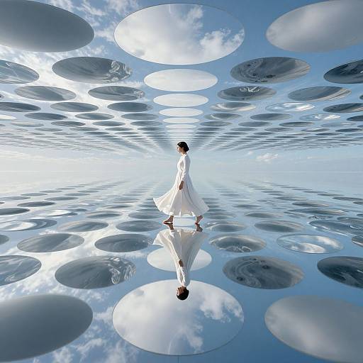 Photograph-style digital art: lone figure in white robe walking on reflective surface with circular mirrored patterns, sky and clouds reflected above.