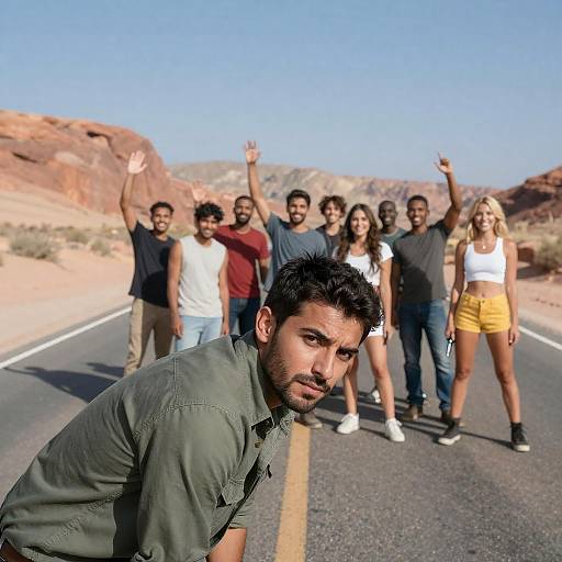 Group of People on Desert Road with Woman Holding Gun