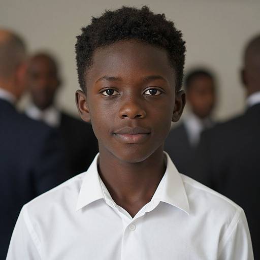 Photograph of a young African boy with dark skin and short curly hair, wearing a white button-down shirt, standing in front of blurred adults in dark