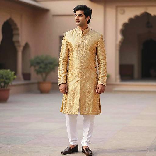 Man in Golden Sherwani Standing in Courtyard