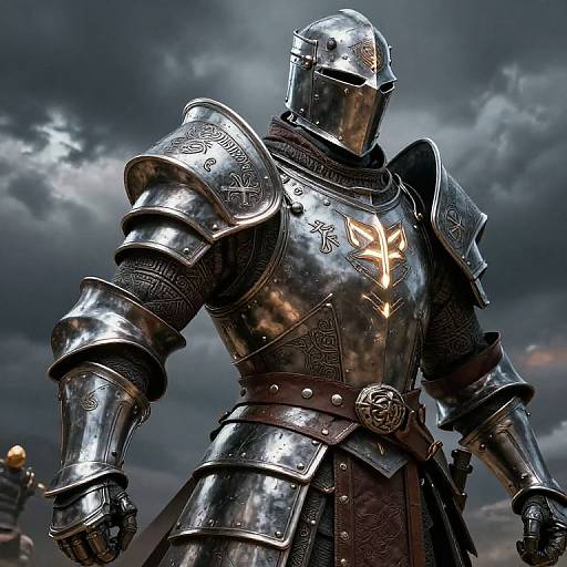 Photograph of a medieval knight in shiny, ornate silver armor with intricate designs, glowing emblem, and dark cloudy sky background.