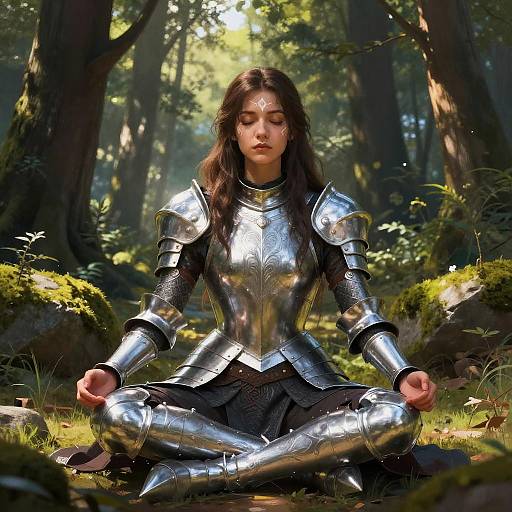 Photorealistic digital art of a serene, young woman with long brown hair, wearing shiny silver armor, meditating in a sunlit forest.