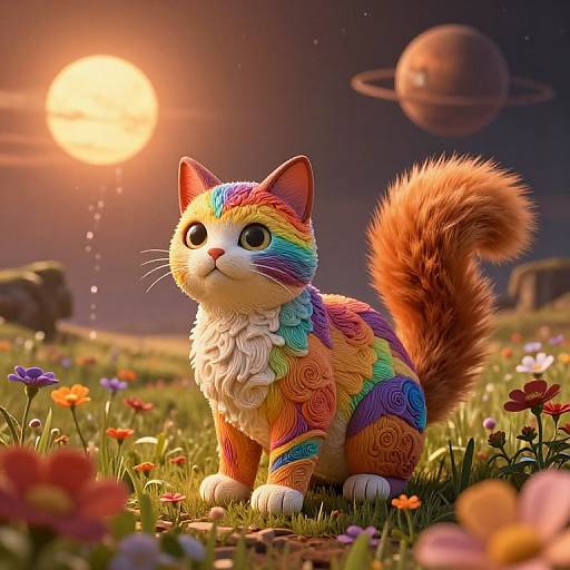 Colorful Sgraffito Cat with Fluffy Tail on Mars