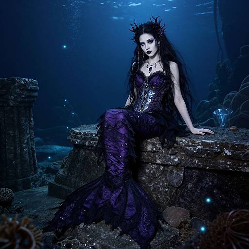 Gothic mermaid with long black hair, purple lace dress, and crown, sitting on underwater ruins, illuminated by blue bioluminescent lights