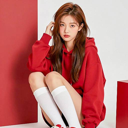 Young Woman in Red Hoodie and Socks