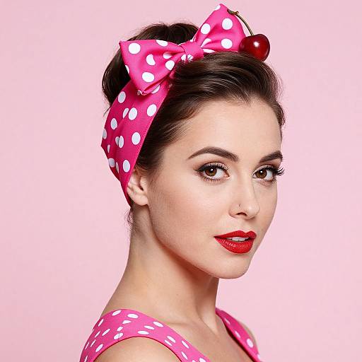 Photograph of a fair-skinned woman with red lipstick, dark brown hair in an updo, wearing a pink polka dot headband with a