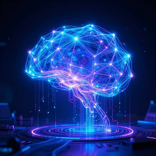 Digital CGI image of a glowing blue neon tree with interconnected lights, floating above a circular neon base against a dark background.