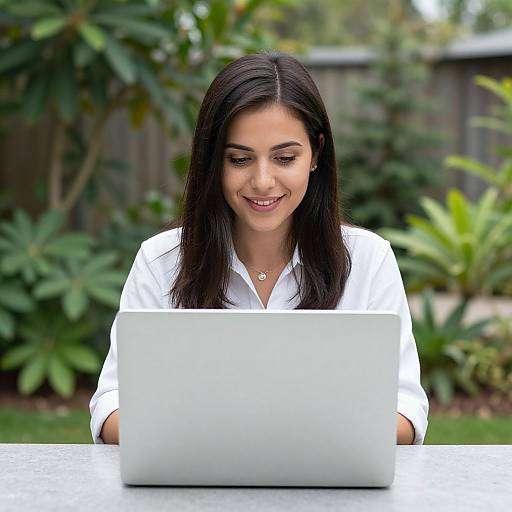 Photograph of a smiling young woman with long black hair, wearing a white shirt, working on a silver laptop outdoors. Greenery and blurred wooden fence