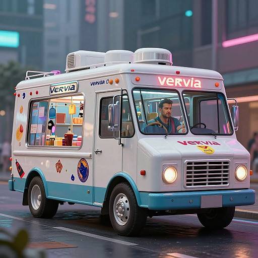 Photograph of a vibrant, white and blue ice cream truck with neon 