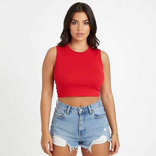 Photograph of a woman with medium-brown skin and black hair, wearing a red sleeveless crop top and distressed blue denim shorts, standing against a