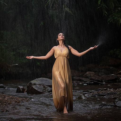 Photograph of a woman in a golden, flowing dress standing in a rain shower, arms outstretched, in a dark, forested stream.