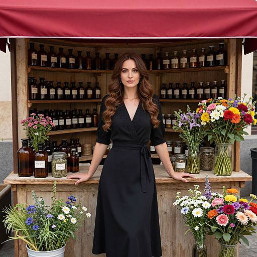 Photograph of a woman with long brown hair, wearing a black dress, standing behind a wooden flower and wine shop counter.