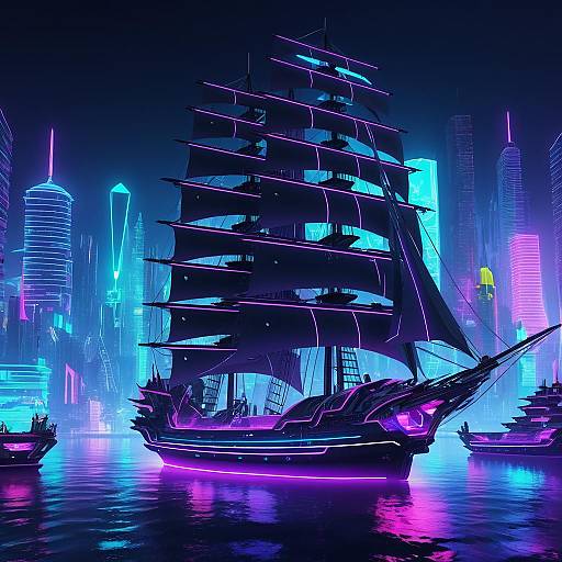 Neon Pirate Ship in Futuristic City