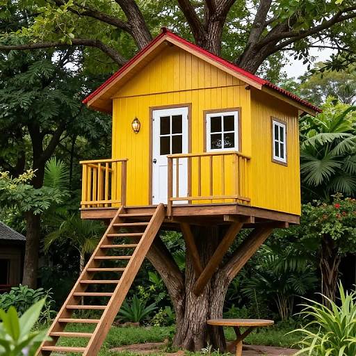 Charming Yellow Wooden Treehouse with Balcony