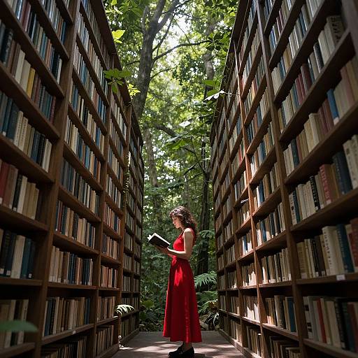 Photograph of a woman in a red dress, standing between tall wooden bookshelves, surrounded by lush greenery and sunlight filtering through leaves.
