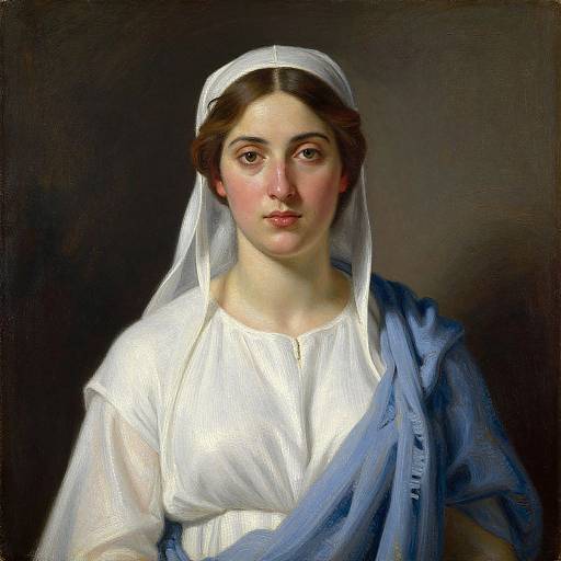 Photorealistic painting of a young woman with fair skin, brown eyes, and brown hair, wearing a white veil, white blouse, and blue sh