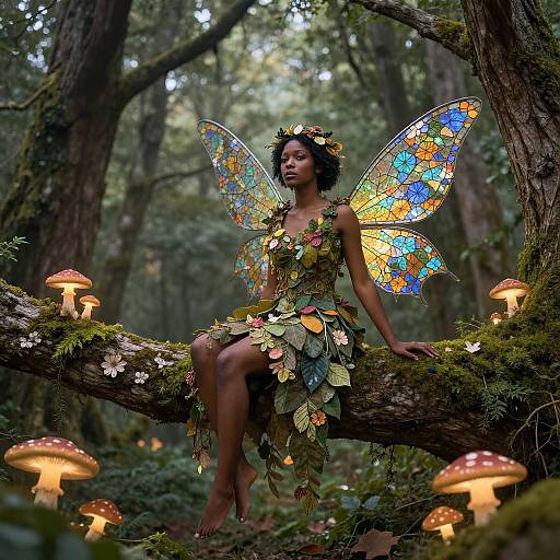 Photorealistic fantasy image of a dark-skinned fairy with colorful, stained-glass wings, sitting on a mossy tree branch in a forest,