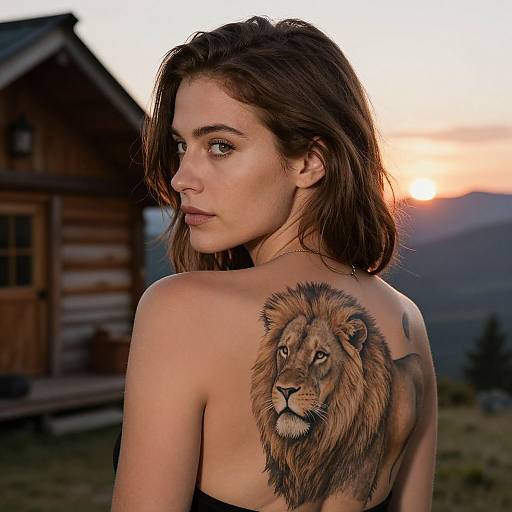 Realistic Woman Portrait with Lion Tattoo