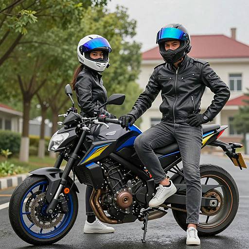 Dynamic Duo by a Stylish Motorcycle