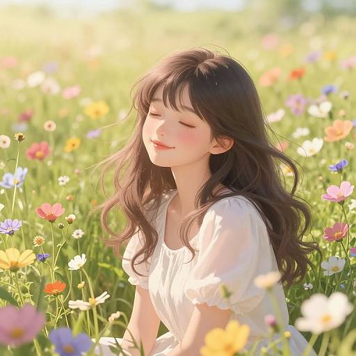Digital art of a smiling Asian girl with long brown hair, wearing a white blouse, sitting in a sunlit, colorful wildflower field.