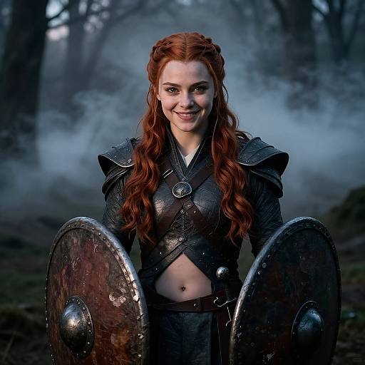 Photograph of a smiling red-haired woman with wavy hair, wearing black medieval armor, holding two large, circular shields, in a misty forest