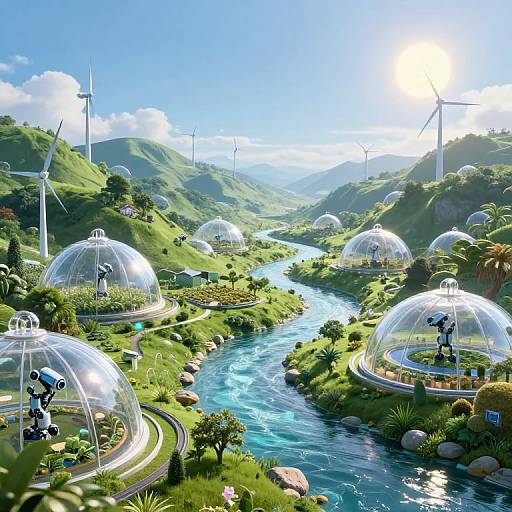 Digital artwork of a sunny, green hills landscape with a winding river, clear domes housing robotic figures, wind turbines, and a bright blue sky.