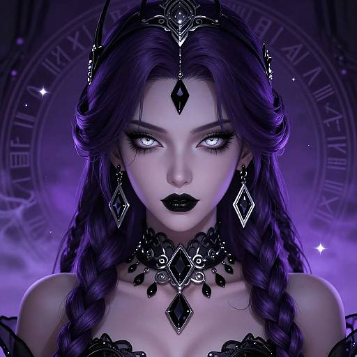 Digital artwork of a pale, alluring witch with glowing white eyes, purple hair, black lipstick, and intricate black diamond jewelry, set against a mystical