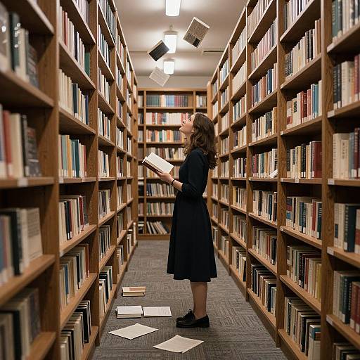 Photograph of a woman with wavy brown hair in a black dress, standing in a library aisle, holding a book, surrounded by tall wooden book