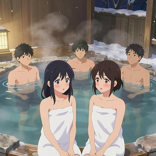 Cozy Winter Onsen Anime Scene