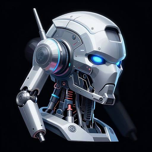 Digital art of a sleek, silver robotic head with blue glowing eyes, antenna, and intricate mechanical details against a black background.