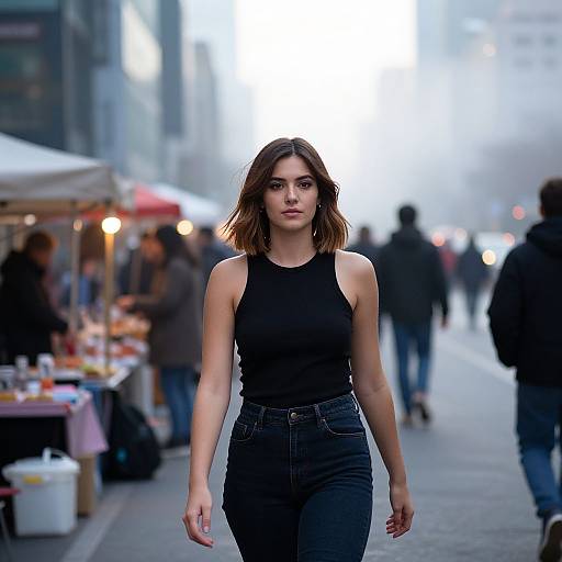 Woman with Layered Crop in City Dawn