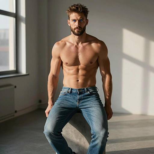 Fit Shirtless Man with Blue Jeans in Loft