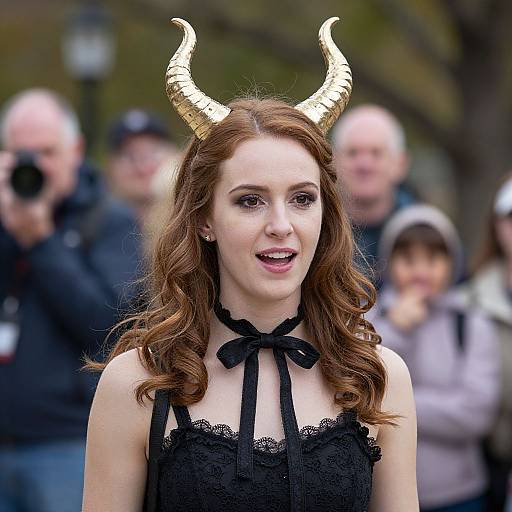 Photograph of a young woman with wavy brown hair, wearing gold horns and a black lace dress with a ribbon, smiling in front of a blurred