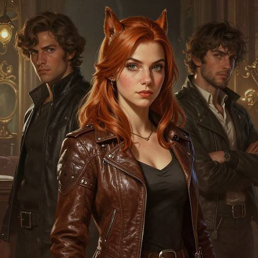 Digital art of a red-haired woman with cat ears, leather jacket, and black top, flanked by two brooding men in dark clothing, in