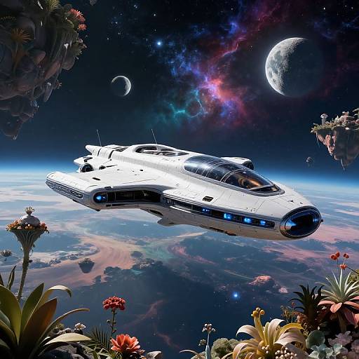 Digital artwork of a sleek white spaceship hovering above a vibrant, alien planet with colorful skies, planets, and floating islands, surrounded by exotic flora.