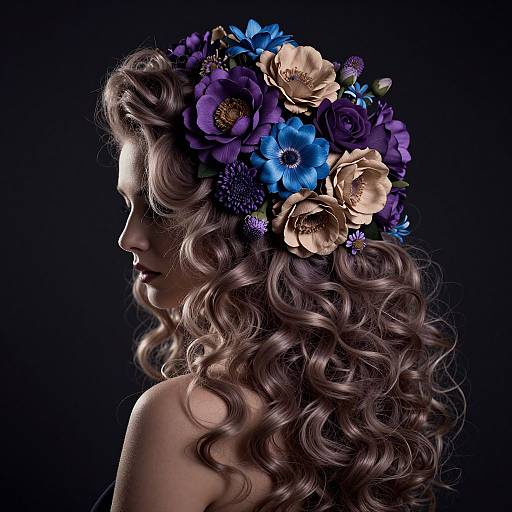 Photograph of a woman with curly brown hair, adorned with a vibrant floral crown of blue, purple, and beige flowers, against a dark background.