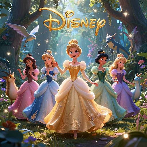Digital illustration of Disney princesses in a magical forest, with 
