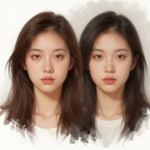 Digital painting of two identical East Asian teenage girls with long black hair, fair skin, and neutral expressions, wearing white shirts against a white background.