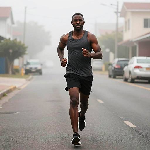 Photograph of a muscular Black man jogging in a foggy, suburban street wearing a black tank top and shorts, with focused expression. Cars and houses
